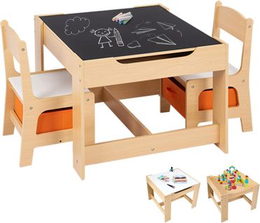 Ensemble Table Et 2 Chaises Enfants/table D'activité 3 En 1 Avec Chaise Fonction De Stockage-naturel