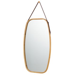 Miroir Mural Suspendu Avec Cadre En Bambou Et Sangle En Cuir Réglable, Coin Arrondi