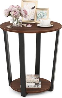 Table D'appoint Ronde, Bout De Canapé 2 Niveaux En Bois, Cadre En Métal, Petite Table Basse (noyer)