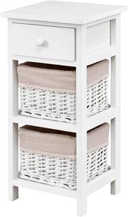Table De Chevet Table De Nuit En Bois De Paulownia Avec 1 Tiroir Et 2 Panier D'osier Amovible(blanc)