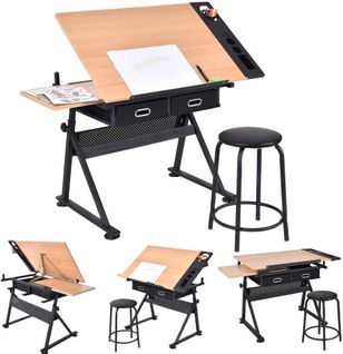 Table à Dessin Inclinable Bureau à Dessin 15mm Mdf 2 Grands Tiroirs 115x60x(65-90.5) Cm