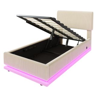 Lit 90x200 Cm LED-usb Relevage Hydraulique Tête Lit Réglable Velours Côtelé - Beige