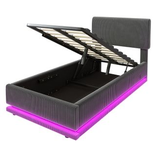 Lit 90x200 Cm LED-usb Relevage Hydraulique Tête Lit Réglable Velours Côtelé - Gris