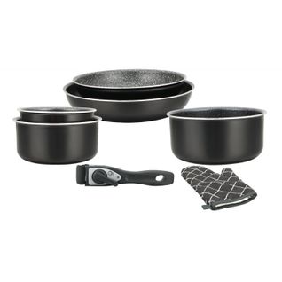 Batterie De Cuisine Revêtement Pierre Avec Manche Amovible 7 Pièces Noir  Hg8053-blk