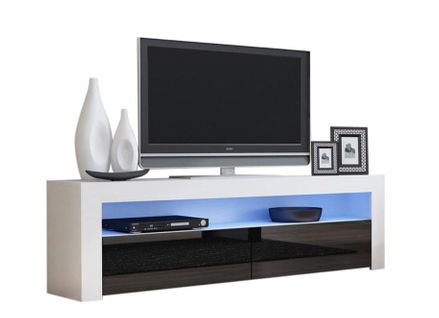 Meuble TV Savelli LED Blanc Mat Et Portes En Noir Laqué 157 Cm