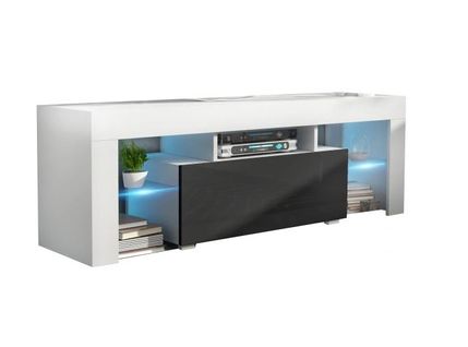 Meuble TV Spider à LED En Blanc Mat Avec Porte Noir Laqué 130 Cm