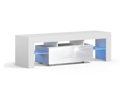 Meuble TV Spider à LED En Blanc Mat Avec Porte Blanc Laqué 130 Cm