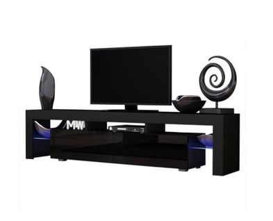 Meuble TV Spider Big à LED En Noir Mat Avec Portes Noir Laqué 200 Cm