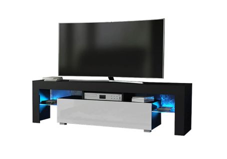 Meuble TV Spider à LED En Noir Mat Avec Porte Blanc Laqué 160 Cm