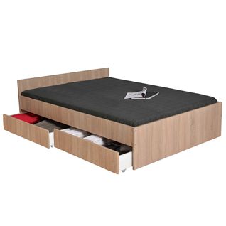 Lit 2 Places 140x190cm Couleur Chêne Kiapa Inclus Sommier Et 2  Tiroirs Pour Rangement