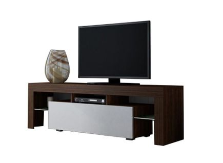 Meuble TV Spider à LED En Noyer Mat Avec Porte Blanc Laqué 160 Cm