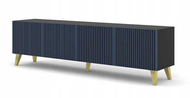 Meuble TV Meuble Hi-fi Sur Pied Noir/bleu Marine 200x42x56cm Ravi F Peint Pied Or