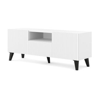 Meuble TV Meuble Hi-fi Sur Pied Blanc Mat 150x42x56cm Ravi Pb Filet Pied Noir