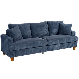Neche Canapé Rembourré 3 Places En Velours Côtelé De 221 Cm,2 Oreillers,bleu