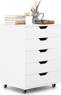 Caisson Bureau 5 Tiroirs, Caisson De Rangement à Roulette, 49 X 40 X 65 Cm, Blanc
