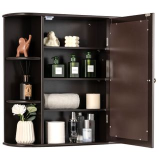 Armoire Murale De Salle De Bains Avec Miroir Avec Etagères Réglables Et Compartiments Ouverts Marron