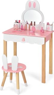 Coiffeuse Pour Enfants 2 En 1 Avec Miroir Amovible Et Tabouret Tiroirs Boîte De Rangement Rose