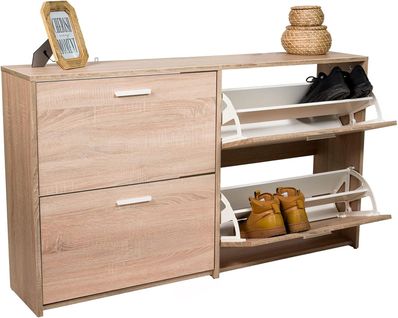 Meuble à Chaussures En Bois Avec 4 Portes Rabattables Et 4 Compartiments, 134 X 29 X 77,5 Cm Chêne