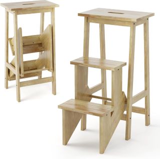 Tabouret Escabeau En Bois D'hévéa, Marchepied 3 Marches Réversibles, 57 X 41 X 76 Cm (naturel)