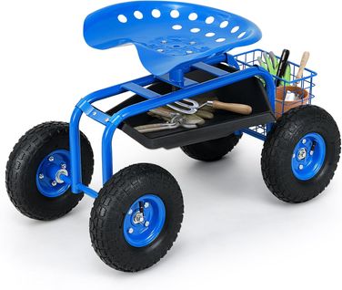 Chariot Jardinage Avec Siège Roulant Réglable Pivotant 360° Plateau Panier, Bleu
