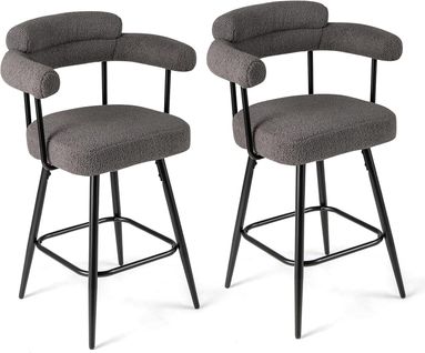 Lot De 2 Tabourets De Bar En Peluche, Dossier, Accoudoirs Incurvés, Pieds En Métal (gris)