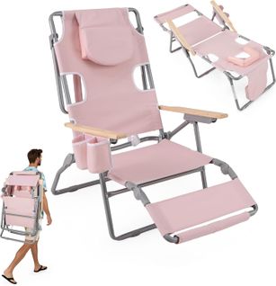 3 En 1 Chaise Longue Pliante, Chaise De Plage Réglable En 4 Positions (rose Pâle)