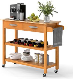 Dessertede De Cuisine à Roulettes, Chariot En Bois Avec Plan De Travail, 2 Tiroirs, Naturel