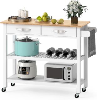 Dessertede De Cuisine à Roulettes, Chariot En Bois Avec Plan De Travail, 2 Tiroirs, Blanc