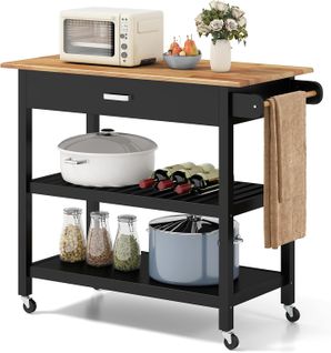 Dessertede De Cuisine à Roulettes, Chariot à 3 Niveaux En Bois Avec Plan De Travail, Noir