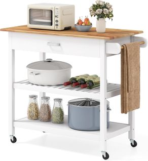 Desserte de De Cuisine à Roulettes, Chariot à 3 Niveaux En Bois Avec Plan De Travail, Blanc