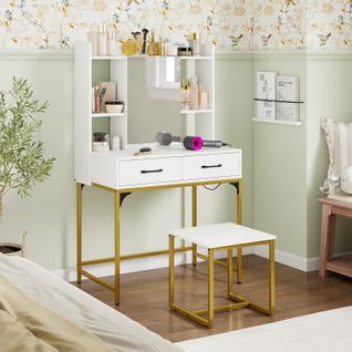 Coiffeuse Avec Miroir Et Tabouret, Station De Charge, 2 Tiroirs, 3 Étagères Ouvertes (blanc)