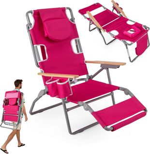 3 En 1 Chaise Longue Pliante, Réglable En 4 Positions, Trou De Visage, Appui-tête (rose Fuchsia)