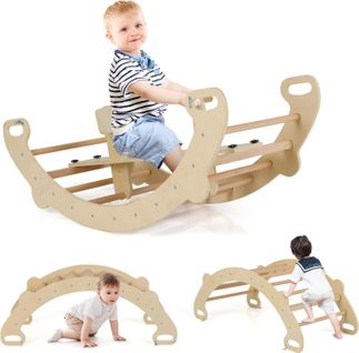 4 En 1 Chaise à Bascule En Bois Enfant Avec Siège Amovible,poignée,35° Balancement (naturel)