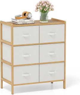 Commode Chambre 6 Tiroirs, Meuble Tiroir Rangement En Bambou, Tiroirs Tissu Pliables, Commode Tissu