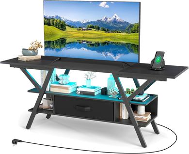 Meuble TV LED 140 Cm Pour Téléviseurs 65 Pouces, Meuble Tele Avec Prise, Pour Salon, Chambre (noir)