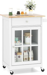 Desserte De Cuisine Avec Plateau En Bois D'hévéa, Chariot De Cuisine Mobile, Blanc