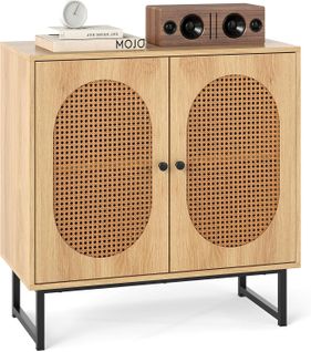 Buffet Cuisine Rotin, Meuble Cannage Bohème Avec Portes En Rotin Tressé, 80 X 40 X 81,5 Cm