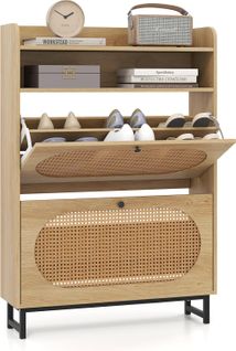 Meuble à Chaussure, 2 Tiroirs Rabattables, Étagères Réglables Amovibles, Portes En Rotin
