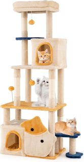 Arbre à Chat XXL Poisson 85x42x159cm, 2 Condos, 5 Plateformes, Sisal, 6 Niveaux,beige+jaune