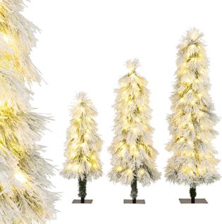 Lot 3 Sapins Noël 90+120+150cm Enneigés, Branches Pvc, LEDs Blanc Chaud ,vert Floqué