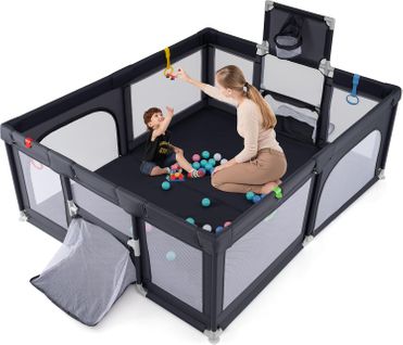 Parc Bébé 157x100cm Avec 50 Balles, Panier Basket Et But Football, 0-3 Ans ,gris Foncé