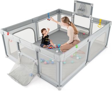 Parc Bébé 157x100cm Avec 50 Balles, Panier Basket Et But Football, 0-3 Ans ,gris Claire