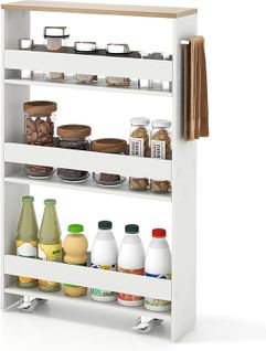 Chariot Rangement Étroit 13cm 4 Niveaux, Roues Freins, 47.5x13x80.5cm ,blanc+naturel