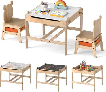 4 En 1 Table Enfant Avec 2 Chaises, Tableau Blanc et Tableau Noir Réversible, 2 Tiroirs (panda)
