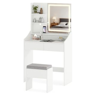 Coiffeuse Avec Miroir Et Tabouret, Station Recharge Lumière Réglable, 80x39x142cm，blanc