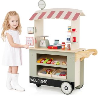 Epicerie Enfant En Bois Avec 30 Pièces Accessoires, Auvent Supérieur et Poignée De Poussée (vert)