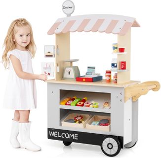 Epicerie Enfant En Bois Avec 30 Pièces Accessoires, Auvent Supérieur et Poignée De Poussée (gris)