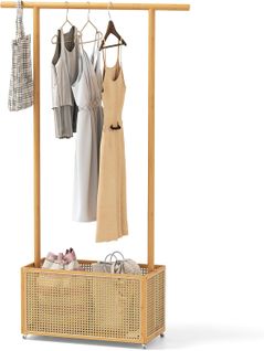 Porte-vêtements Bambou 100x33x172cm Sur Roulette, Panier Linge 60l Rotin Pe ,naturel