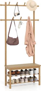 Porte Manteau 3 En 1 Bambou 169.5cm, Banc Rotin, 2 Niveaux Chaussures,13 Crochets ,naturel