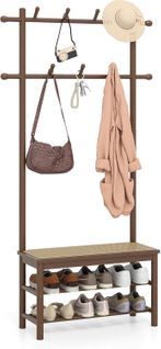 Porte Manteau 3 En 1 Bambou 169.5cm, Banc Rotin, 2 Niveaux Chaussures, 13 Crochets ,marron